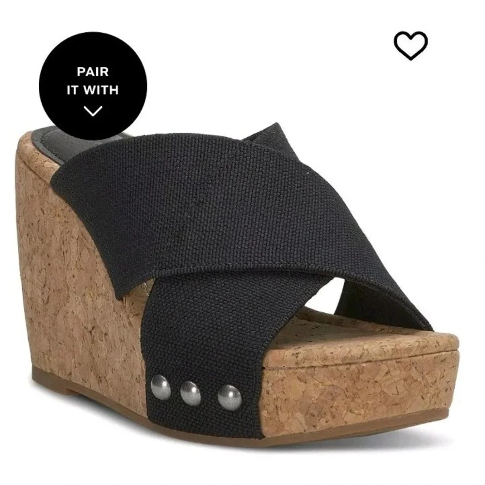 Lucky Brand Valmai Platform Wedge Cork Sandal Black Linen Thick Strap Sz‎ 8.5